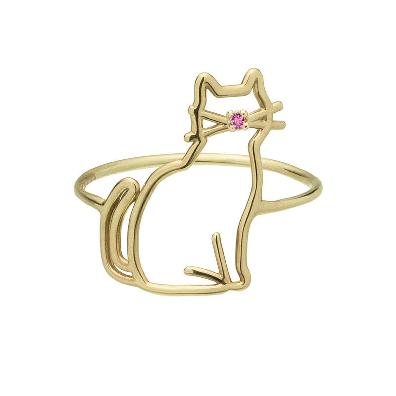 ピンクサファイアのついた猫の金の指輪